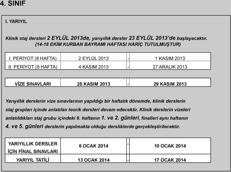 PERİYOT (8 HAFTA) 4 KASIM 2013-27 ARALIK 2013 VİZE SINAVLARI 25 KASIM 2013-29 KASIM 2013 Yarıyıllık derslerin vize sınavlarının yapıldığı bir haftalık dönemde, klinik derslerin staj