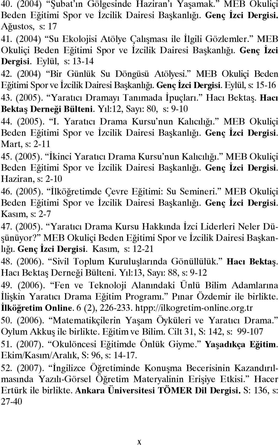 MEB Okuliçi Beden Eğitimi Spor ve İzcilik Dairesi Başkanlığı. Genç İzci Dergisi. Eylül, s: 15-16 43. (2005). Yaratıcı Dramayı Tanımada İpuçları. Hacı Bektaş. Hacı Bektaş Derneği Bülteni.