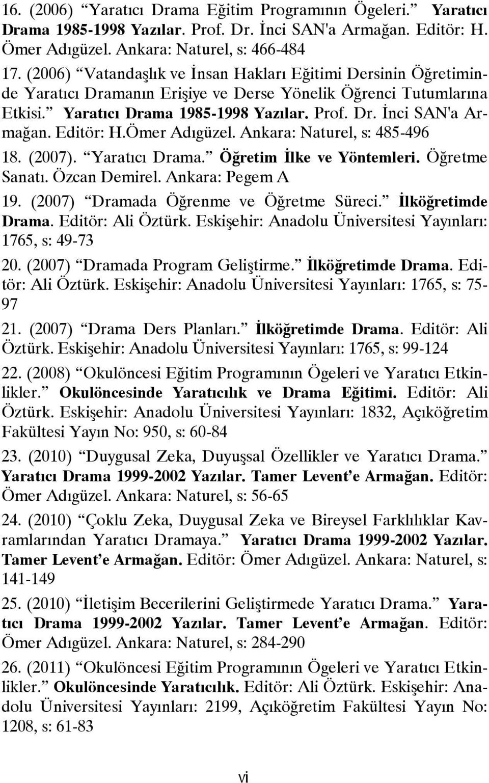Editör: H.Ömer Adıgüzel. Ankara: Naturel, s: 485-496 18. (2007). Yaratıcı Drama. Öğretim İlke ve Yöntemleri. Öğretme Sanatı. Özcan Demirel. Ankara: Pegem A 19.