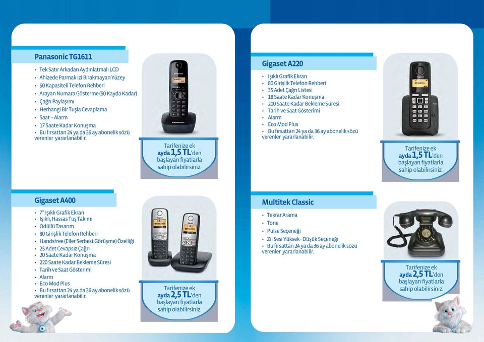 Tarih ve Saat Gösterimi Alarm Eco Mod Plus ayda 1,5 TL den Gigaset A400 Multitek Classic 7 Işıklı Grafik Ekran Işıklı, Hassas Tuş Takımı Ödüllü Tasarım 80 Girişlik Telefon Rehberi Handsfree (Eller
