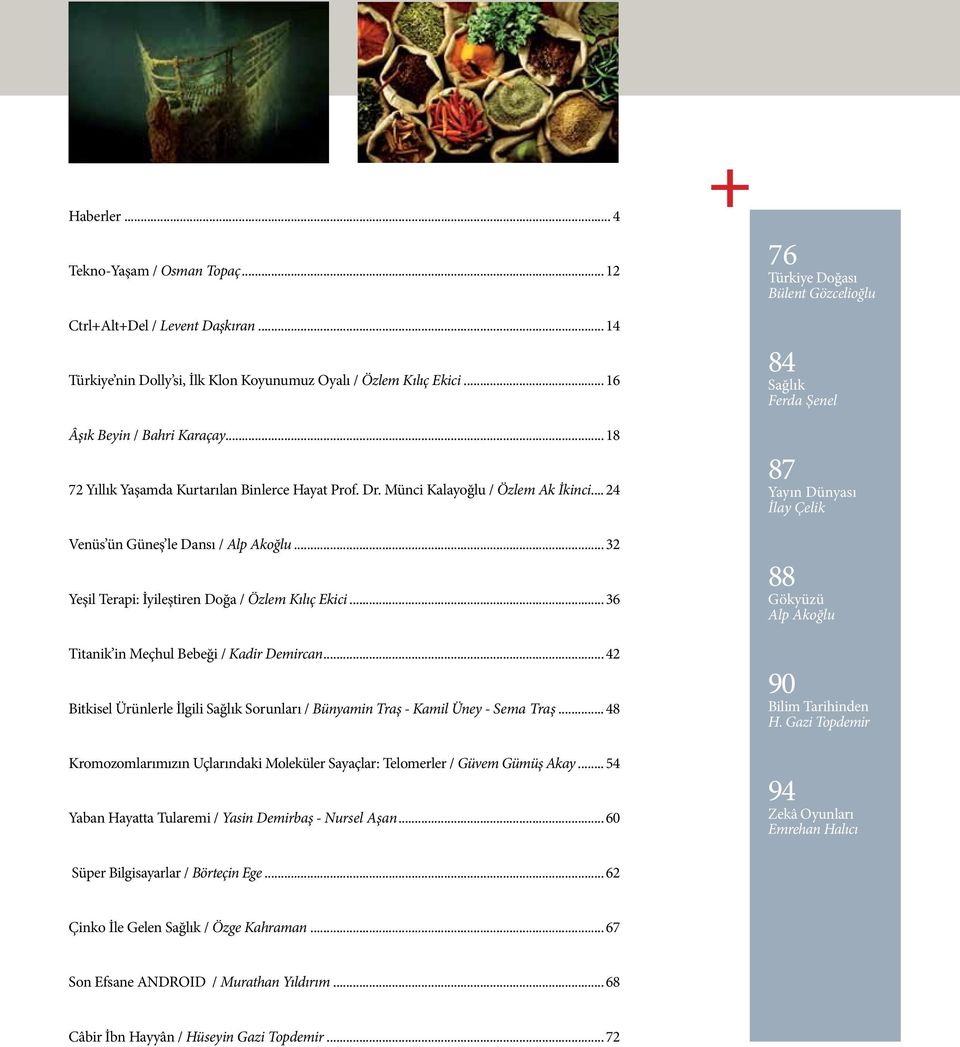 .. 36 Titanik in Meçhul Bebeği / Kadir Demircan... 42 Bitkisel Ürünlerle İlgili Sağlık Sorunları / Bünyamin Traş - Kamil Üney - Sema Traş.