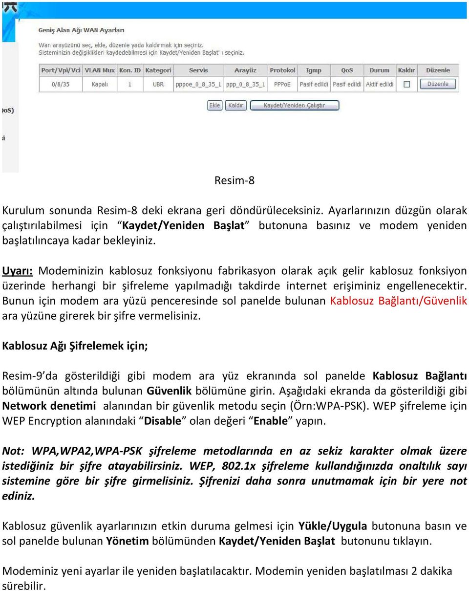 Uyarı: Modeminizin kablosuz fonksiyonu fabrikasyon olarak açık gelir kablosuz fonksiyon üzerinde herhangi bir şifreleme yapılmadığı takdirde internet erişiminiz engellenecektir.