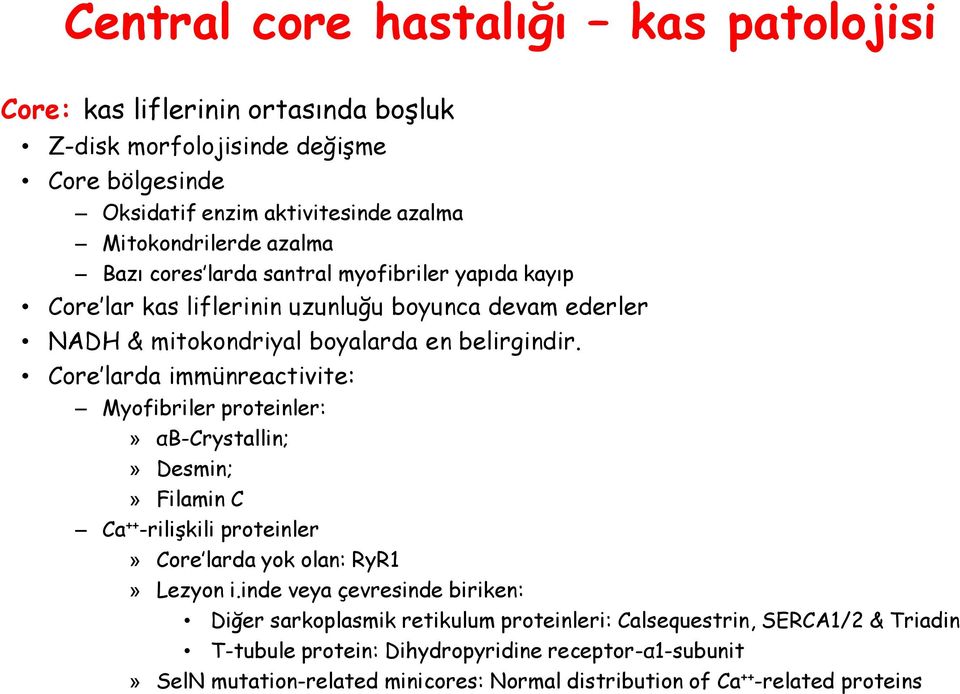 Core larda immünreactivite: Myofibriler proteinler:» αb-crystallin;» Desmin;» Filamin C Ca ++ -rilişkili proteinler» Core larda yok olan: RyR1» Lezyon i.