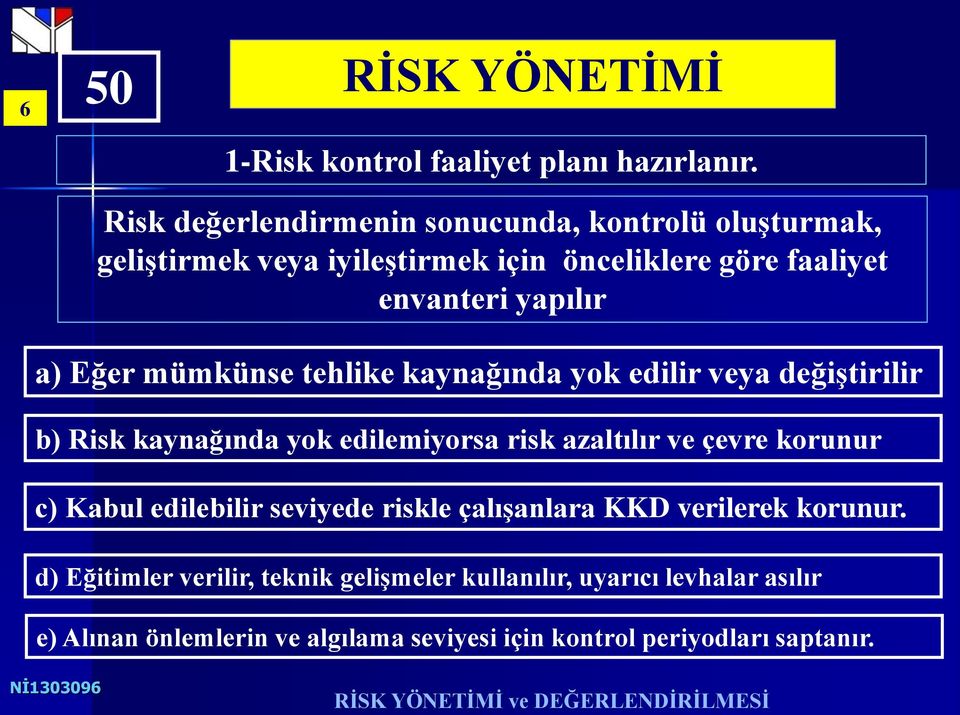 Eğer mümkünse tehlike kaynağında yok edilir veya değiştirilir b) Risk kaynağında yok edilemiyorsa risk azaltılır ve çevre korunur c)