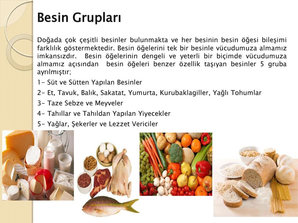 Besin öğelerinin dengeli ve yeterli bir biçimde vücudumuza almamız açısından besin öğeleri benzer özellik taşıyan besinler 5 gruba