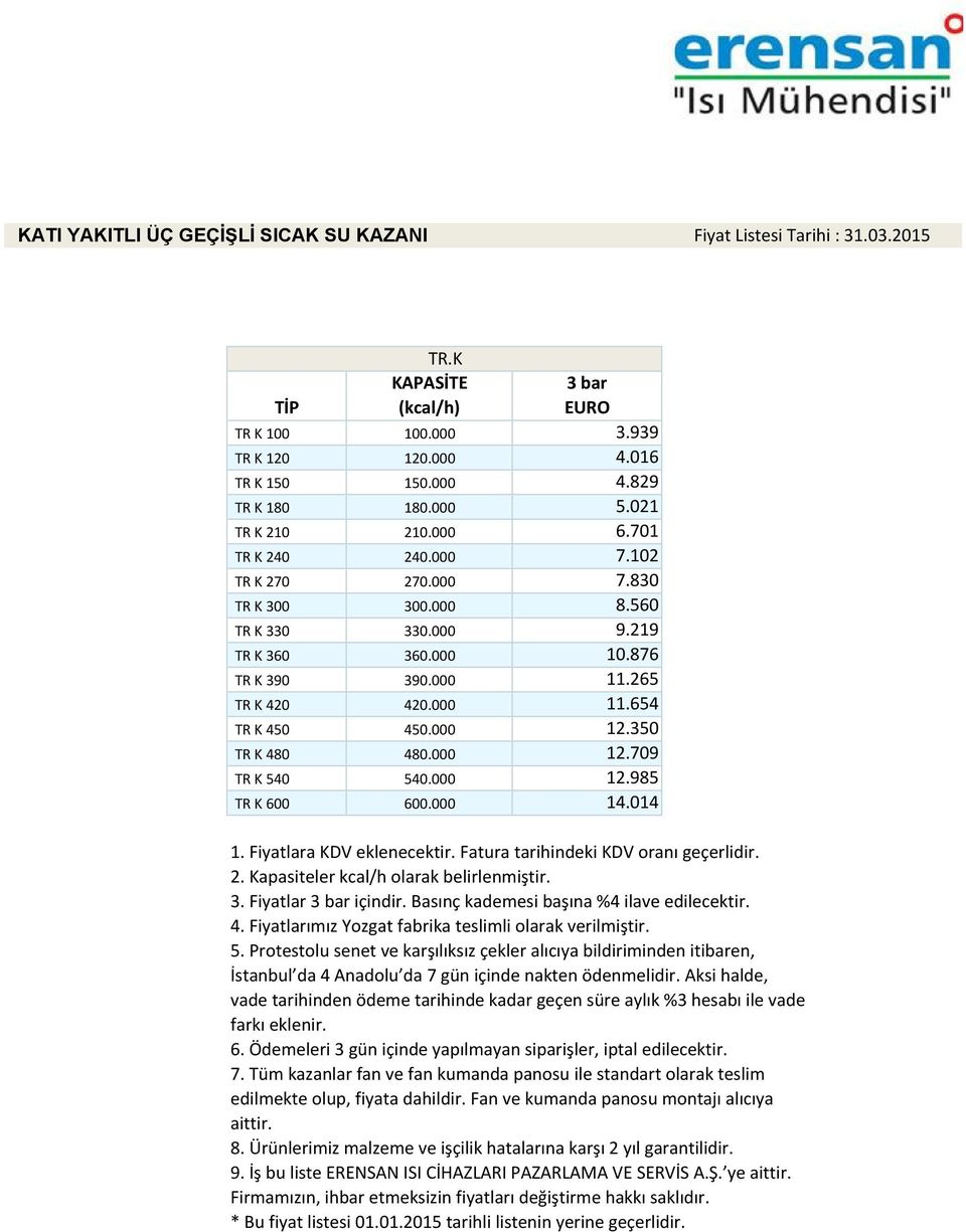 000 12.350 TR K 480 480.000 12.709 TR K 540 540.000 12.985 TR K 600 600.000 14.014 1. Fiyatlara KDV eklenecektir. Fatura tarihindeki KDV oranı geçerlidir. 2. Kapasiteler kcal/h olarak belirlenmiştir.