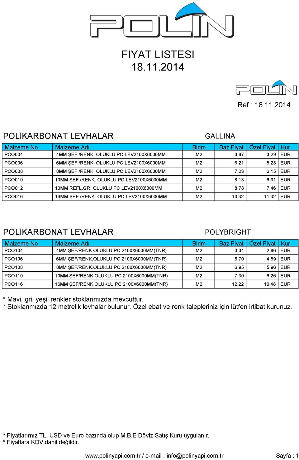 OLUKLU PC 2100X6000MM(TNR) M2 3,34 2,86 EUR PCO106 6MM ŞEF/RENK.OLUKLU PC 2100X6000MM(TNR) M2 5,70 4,89 EUR PCO108 8MM ŞEF/RENK.OLUKLU PC 2100X6000MM(TNR) M2 6,95 5,96 EUR PCO110 10MM ŞEF/RENK.