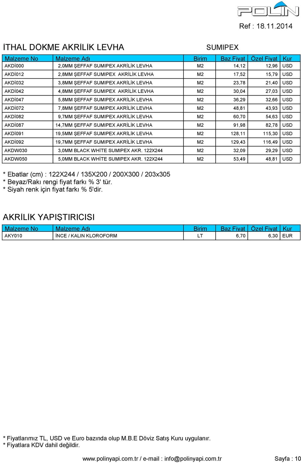 48,81 43,93 USD AKDİ082 9,7MM ŞEFFAF SUMIPEX AKRİLİK LEVHA M2 60,70 54,63 USD AKDİ087 14,7MM ŞEFFAF SUMIPEX AKRİLİK LEVHA M2 91,98 82,78 USD AKDİ091 19,5MM ŞEFFAF SUMIPEX AKRİLİK LEVHA M2 128,11