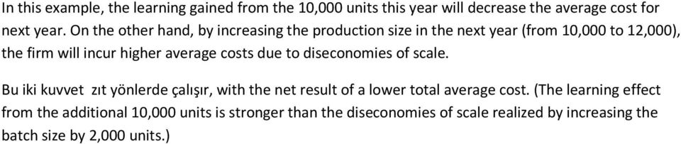 costs due to diseconomies of scale. Bu iki kuvvet zıt yönlerde çalışır, with the net result of a lower total average cost.