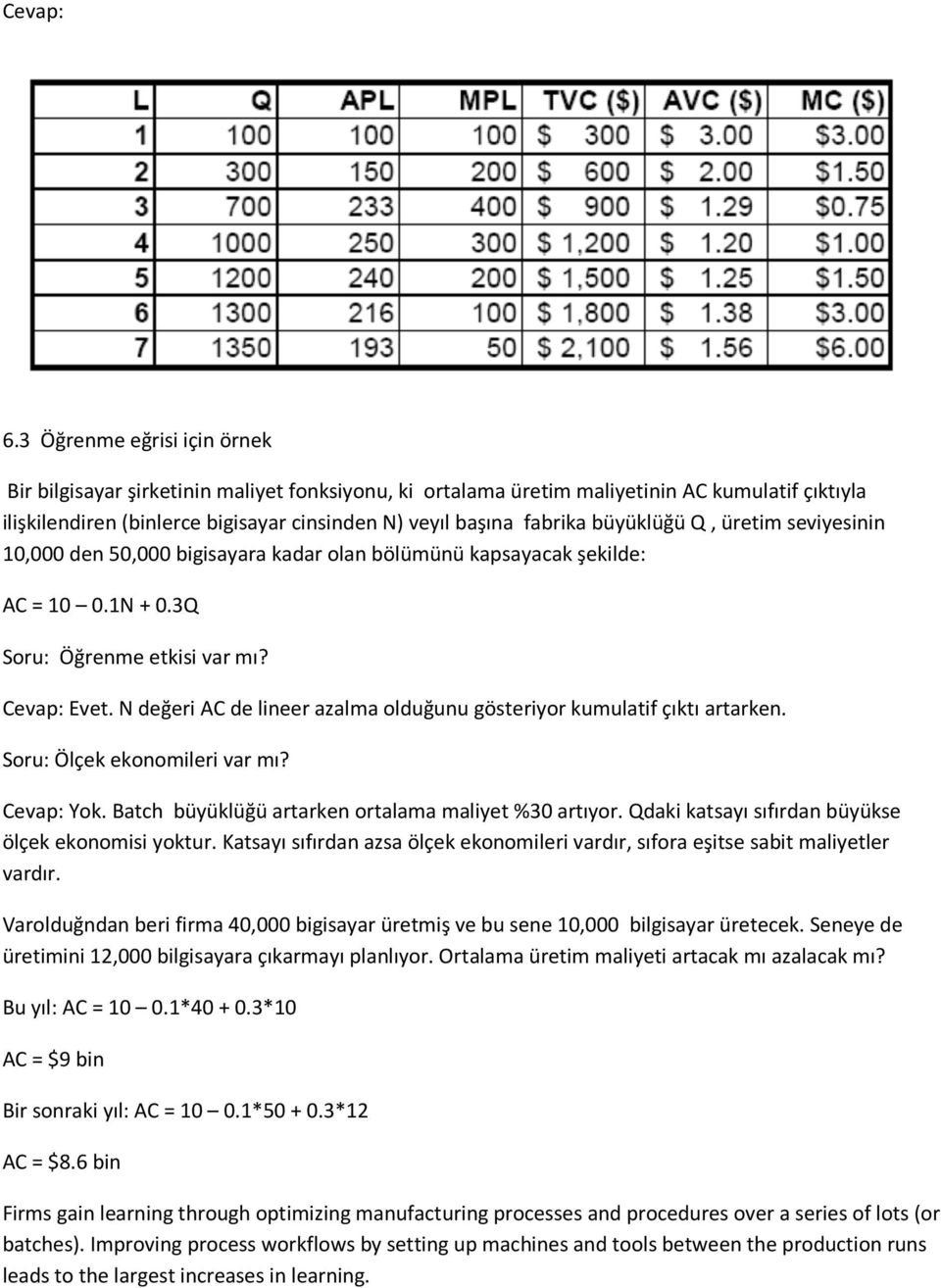 büyüklüğü Q, üretim seviyesinin 10,000 den 50,000 bigisayara kadar olan bölümünü kapsayacak şekilde: AC = 10 0.1N + 0.3Q Soru: Öğrenme etkisi var mı? Cevap: Evet.