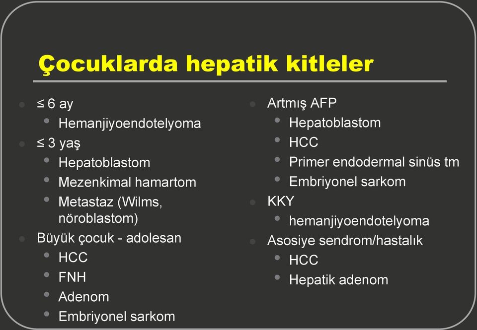 Adenom Embriyonel sarkom Artmış AFP Hepatoblastom HCC Primer endodermal sinüs tm