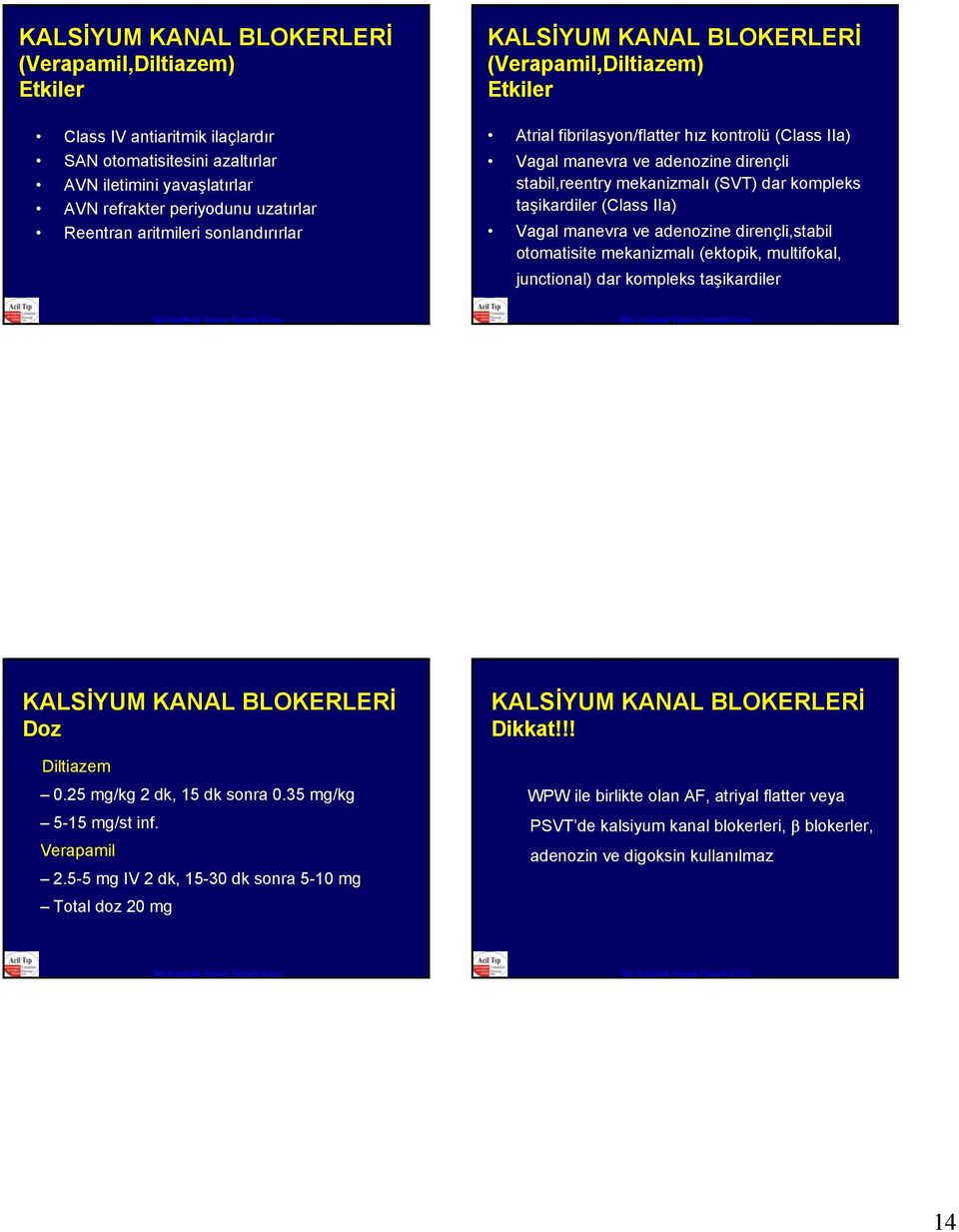 taşikardiler (Class IIa) Vagal manevra ve adenozine dirençli,stabil otomatisite mekanizmalı (ektopik, multifokal, junctional) dar kompleks taşikardiler KALSİYUM KANAL BLOKERLERİ Diltiazem 0.