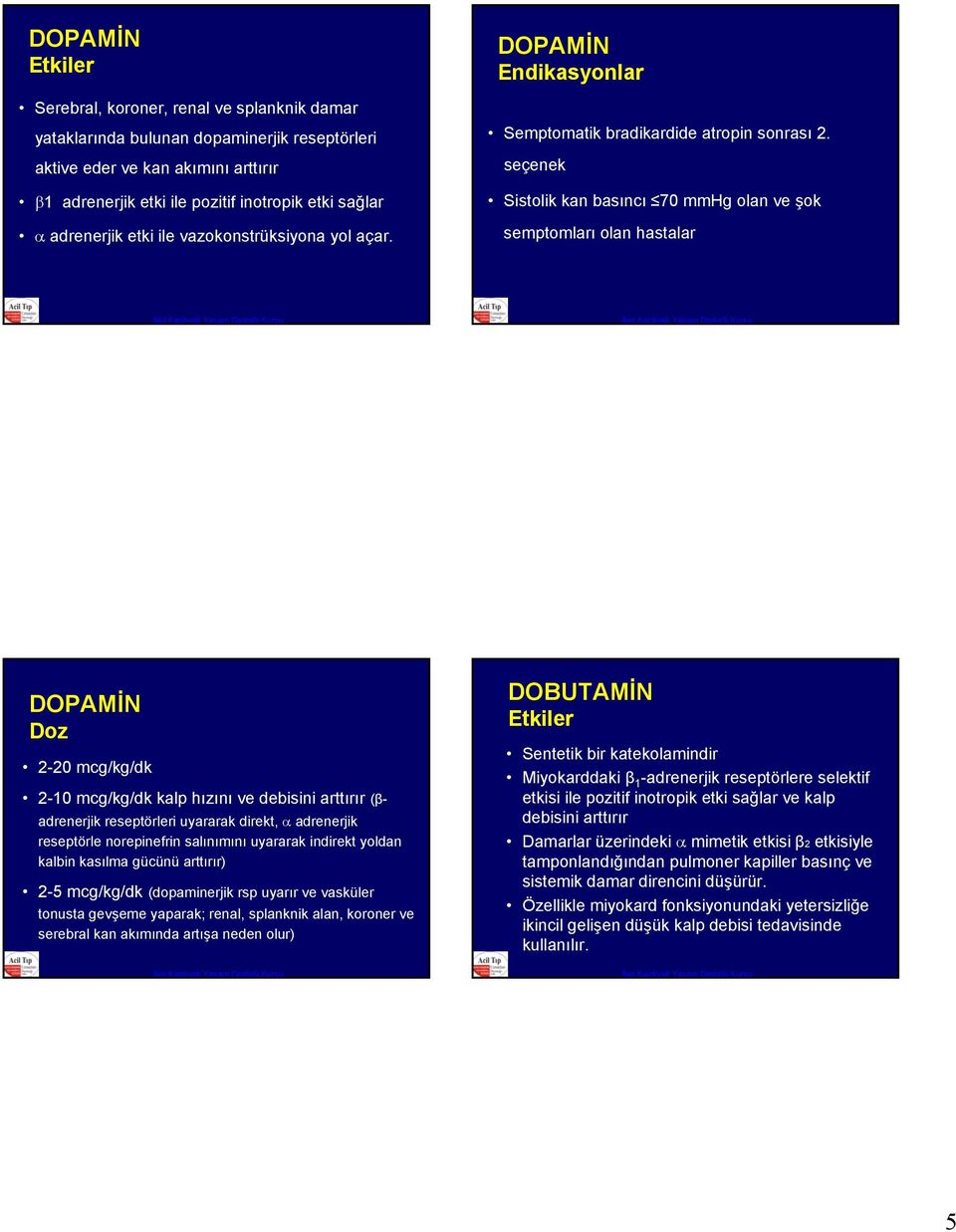 seçenek Sistolik kan basıncı 70 mmhg olan ve şok semptomları olan hastalar DOPAMİN 2-20 mcg/kg/dk 2-10 mcg/kg/dk kalp hızını ve debisini arttırır (βadrenerjik reseptörleri uyararak direkt, α