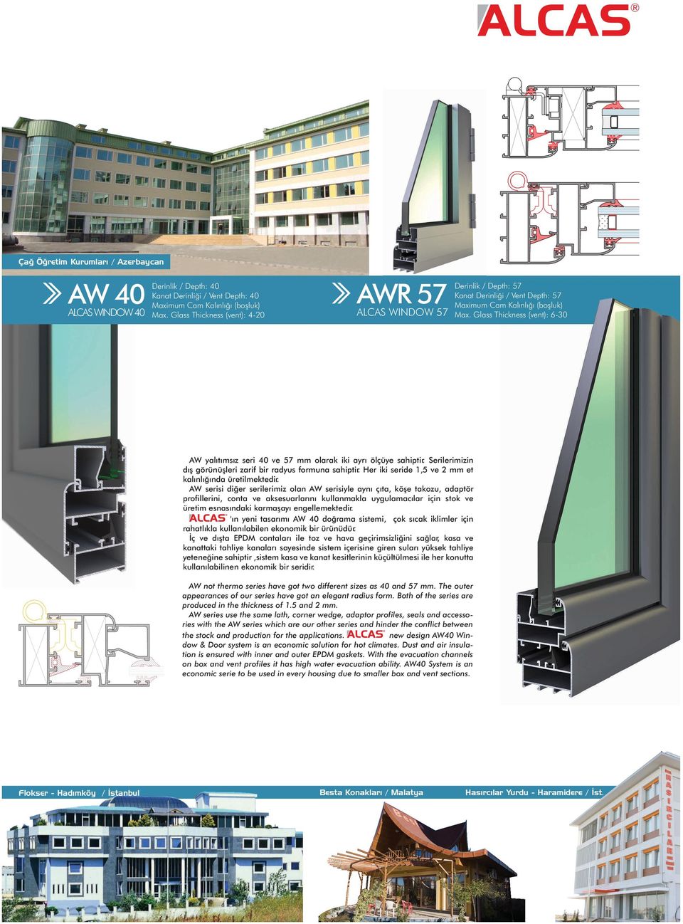 Glass Thickness (vent): 6-30 AW yalıtımsız seri 40 ve 57 mm olarak iki ayrı ölçüye sahiptir. Serilerimizin dış görünüşleri zarif bir radyus formuna sahiptir.