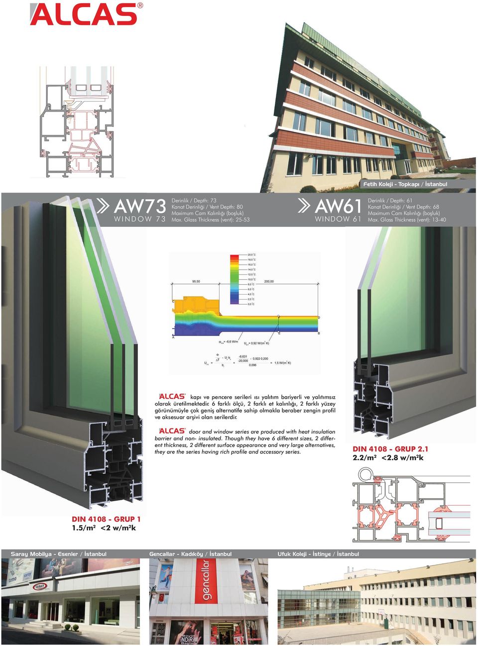 Glass Thickness (vent): 13-40 kapı ve pencere serileri ısı yalıtım bariyerli ve yalıtımsız olarak üretilmektedir.