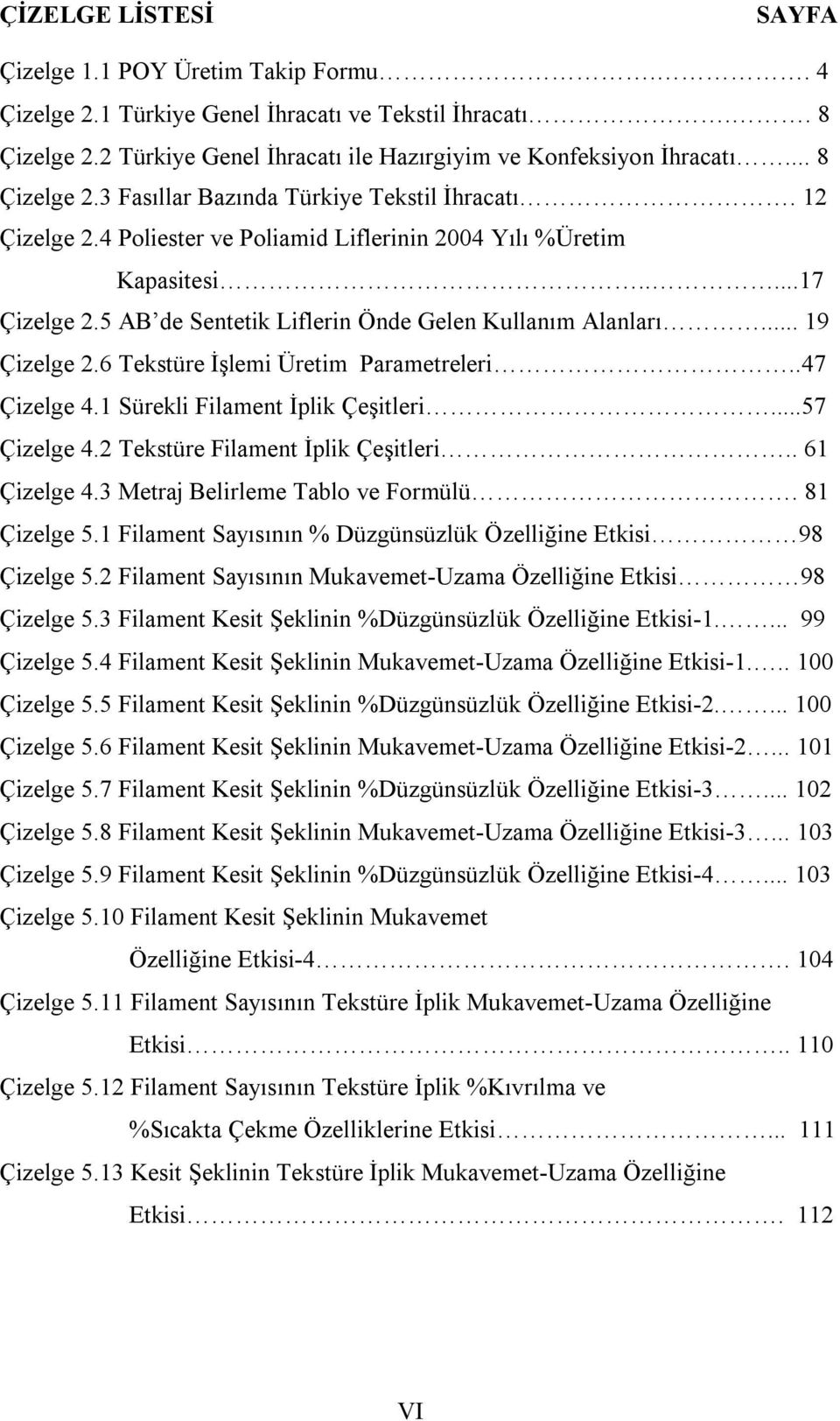 5 AB de Sentetik Liflerin Önde Gelen Kullanım Alanları... 19 Çizelge 2.6 Tekstüre İşlemi Üretim Parametreleri..47 Çizelge 4.1 Sürekli Filament İplik Çeşitleri...57 Çizelge 4.