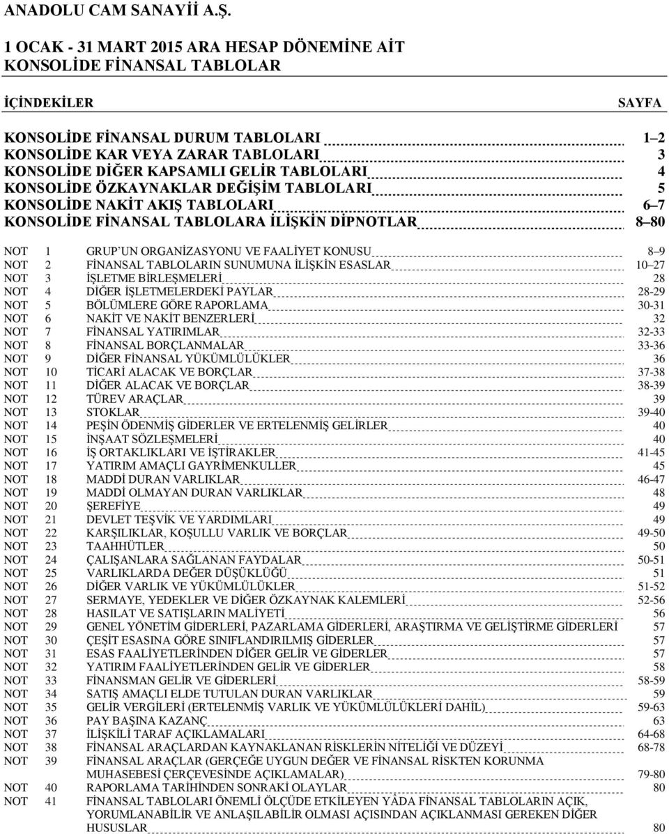 DİĞER İŞLETMELERDEKİ PAYLAR 28-29 NOT 5 BÖLÜMLERE GÖRE RAPORLAMA 30-31 NOT 6 NAKİT VE NAKİT BENZERLERİ 32 NOT 7 FİNANSAL YATIRIMLAR 32-33 NOT 8 FİNANSAL BORÇLANMALAR 33-36 NOT 9 DİĞER FİNANSAL