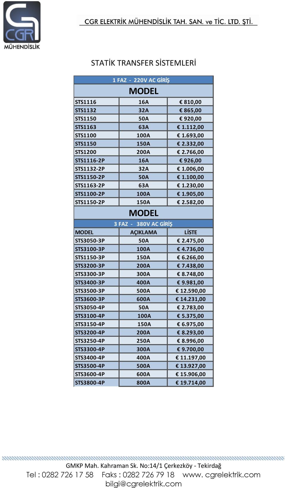 582,00 MODEL 3 FAZ - 380V AC GİRİŞ MODEL AÇIKLAMA LİSTE STS3050-3P 50A 2.475,00 STS3100-3P 100A 4.736,00 STS1150-3P 150A 6.266,00 STS3200-3P 200A 7.438,00 STS3300-3P 300A 8.748,00 STS3400-3P 400A 9.