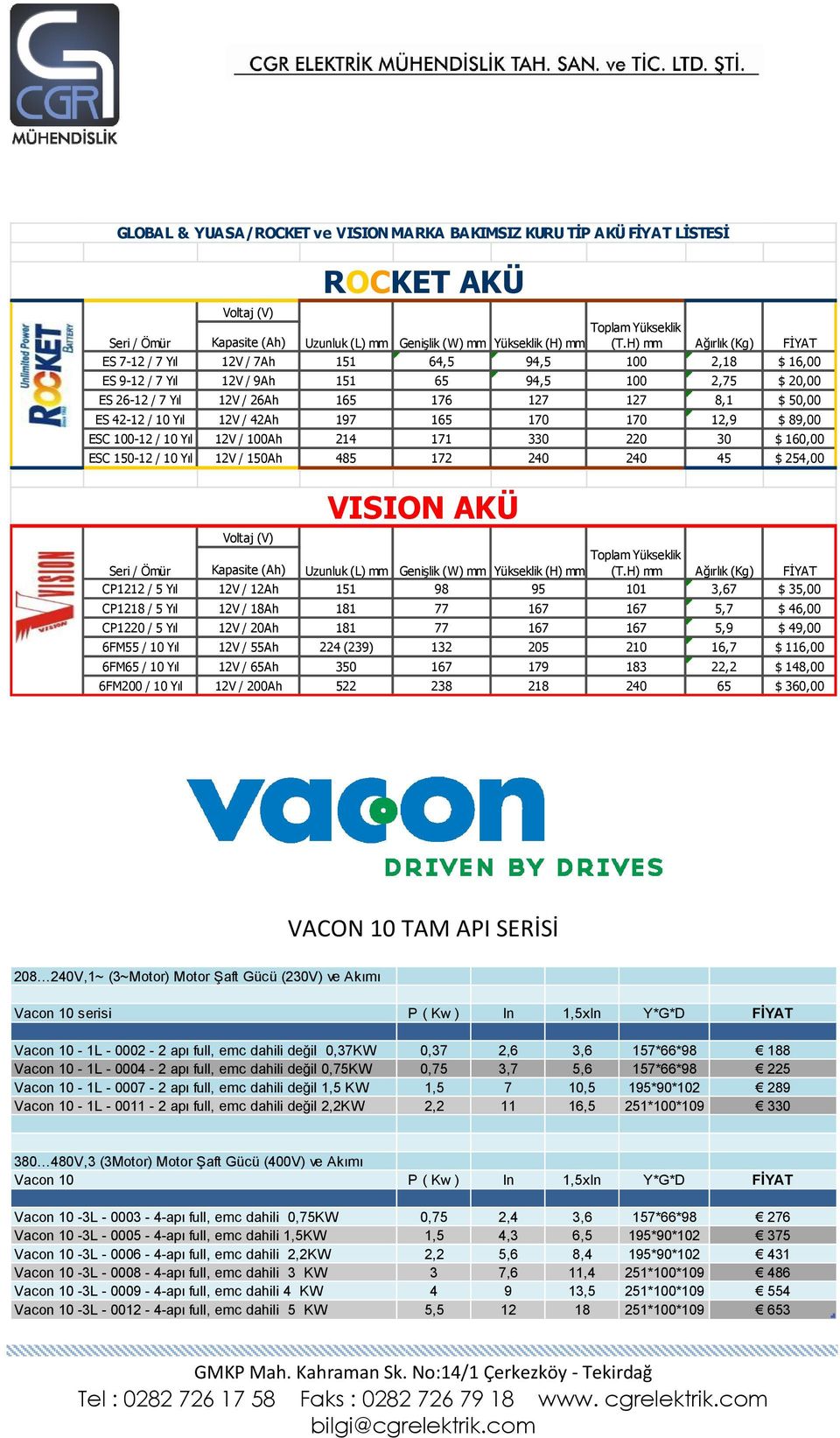 42-12 / 10 Yıl 12V / 42Ah 197 165 170 170 12,9 $ 89,00 ESC 100-12 / 10 Yıl 12V / 100Ah 214 171 330 220 30 $ 160,00 ESC 150-12 / 10 Yıl 12V / 150Ah 485 172 240 240 45 $ 254,00 VISION AKÜ Voltaj (V)