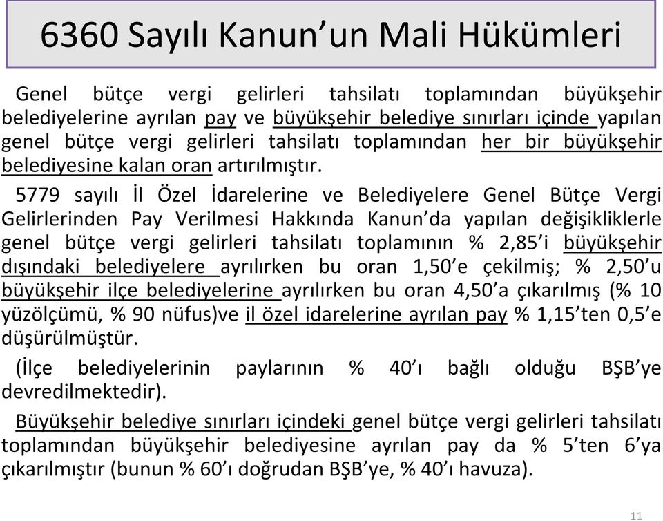 5779 sayılı İl Özel İdarelerine ve Belediyelere Genel Bütçe Vergi Gelirlerinden Pay Verilmesi Hakkında Kanun da yapılan değişikliklerle genel bütçe vergi gelirleri tahsilatı toplamının % 2,85 i