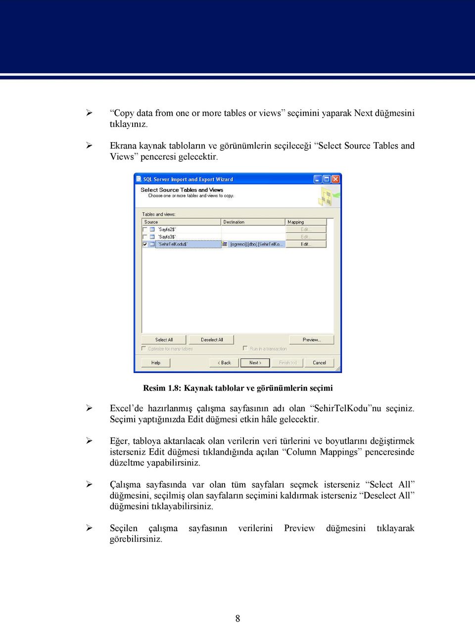 Eğer, tabloya aktarılacak olan verilerin veri türlerini ve boyutlarını değiştirmek isterseniz Edit düğmesi tıklandığında açılan Column Mappings penceresinde düzeltme yapabilirsiniz.