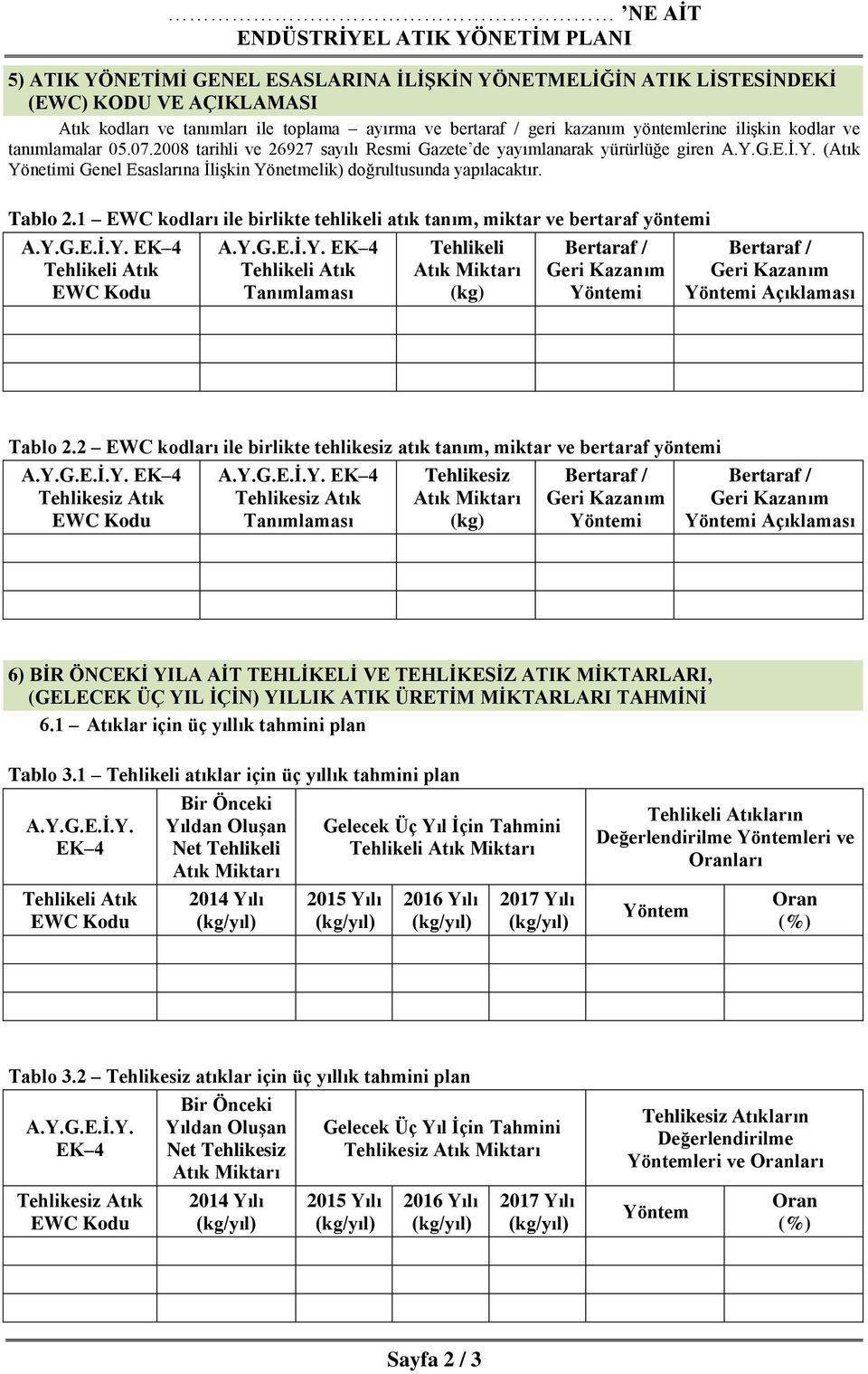 1 EWC kodları ile birlikte tehlikeli atık tanım, miktar ve bertaraf yöntemi Tanımlaması Tehlikeli (kg) Yöntemi Yöntemi Açıklaması Tablo 2.