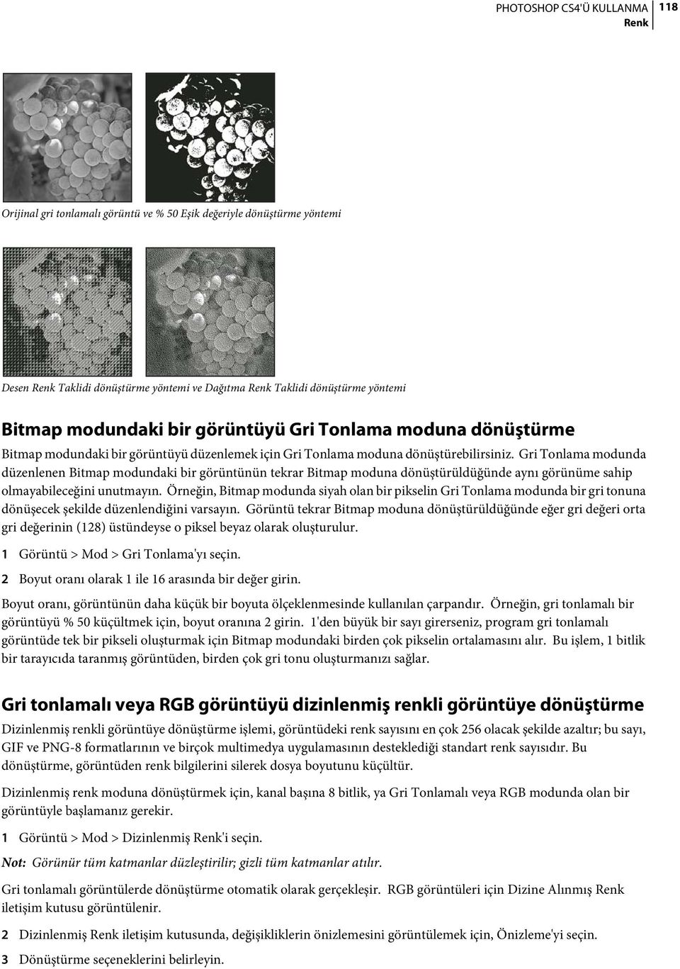 Gri Tonlama modunda düzenlenen Bitmap modundaki bir görüntünün tekrar Bitmap moduna dönüştürüldüğünde aynı görünüme sahip olmayabileceğini unutmayın.