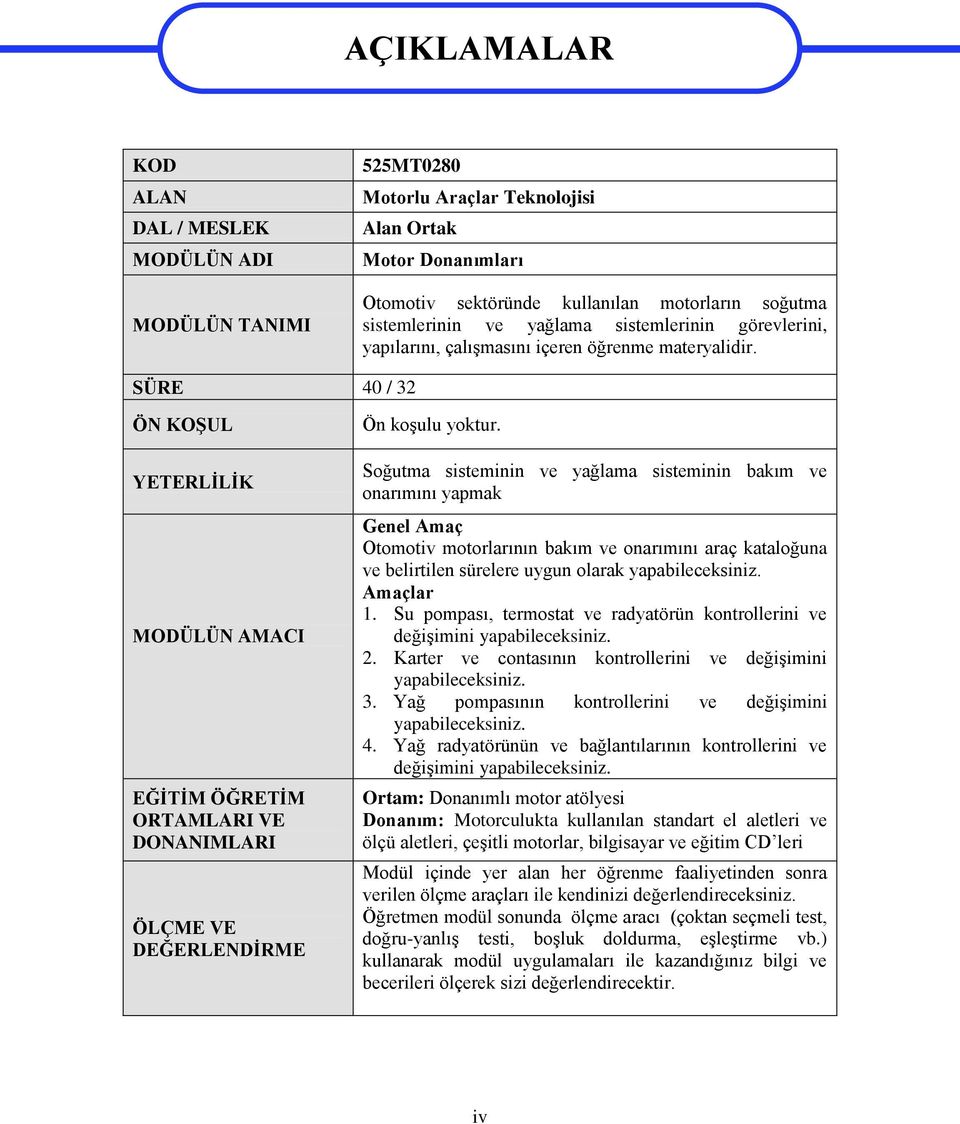 SÜRE 40 / 32 ÖN KOŞUL YETERLİLİK MODÜLÜN AMACI EĞİTİM ÖĞRETİM ORTAMLARI VE DONANIMLARI ÖLÇME VE DEĞERLENDİRME Ön koşulu yoktur.