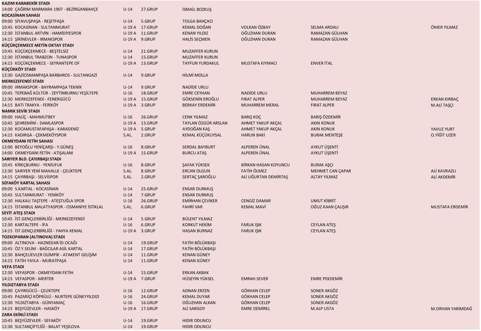 GRUP KENAN YILDIZ OĞUZHAN DURAN RAMAZAN GÜLHAN 14:15 ŞİRİNEVLER - IRMAKSPOR U-19 A 9.