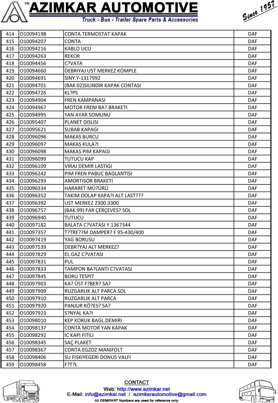 PS DAF 423 O10094904 FREN KAMPANASI DAF 424 O10094967 MOTOR FRENI BA?