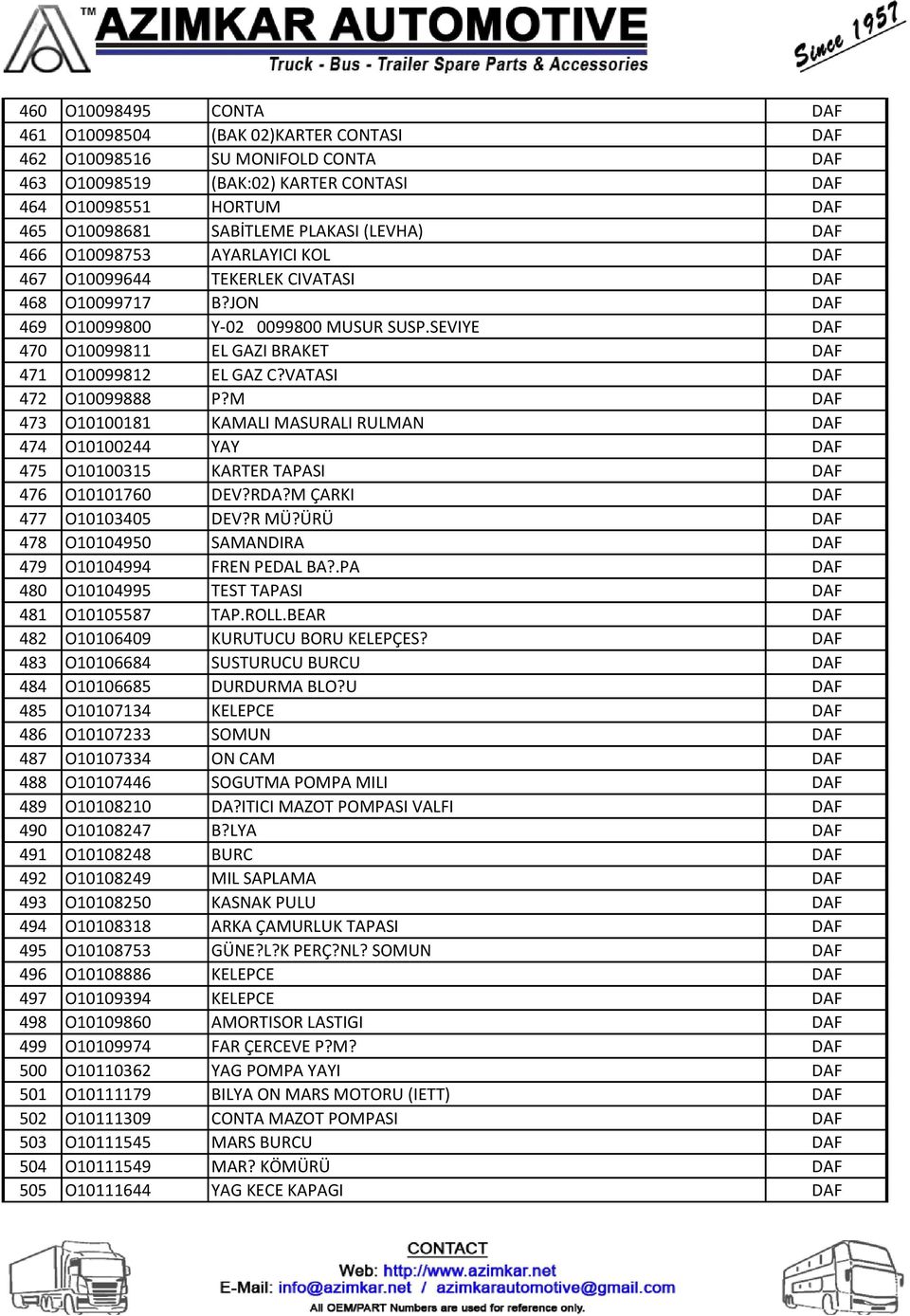 SEVIYE DAF 470 O10099811 EL GAZI BRAKET DAF 471 O10099812 EL GAZ C?VATASI DAF 472 O10099888 P?