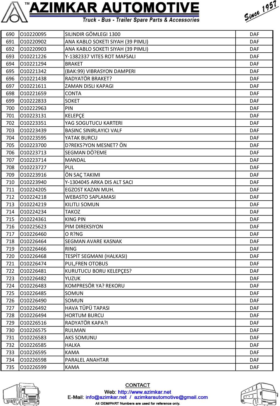 DAF 697 O10221611 ZAMAN DISLI KAPAGI DAF 698 O10221659 CONTA DAF 699 O10222833 SOKET DAF 700 O10222963 PIN DAF 701 O10223131 KELEPÇE DAF 702 O10223351 YAG SOGUTUCU KARTERI DAF 703 O10223439 BASINC