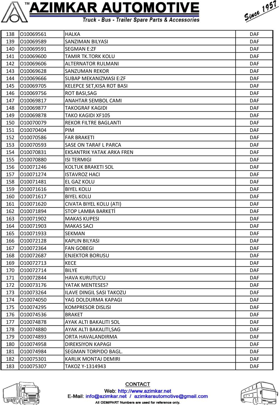 147 O10069817 ANAHTAR SEMBOL CAMI DAF 148 O10069877 TAKOGRAF KAGIDI DAF 149 O10069878 TAKO KAGIDI XF105 DAF 150 O10070079 REKOR FILTRE BAGLANTI DAF 151 O10070404 PIM DAF 152 O10070586 FAR BRAKETI DAF