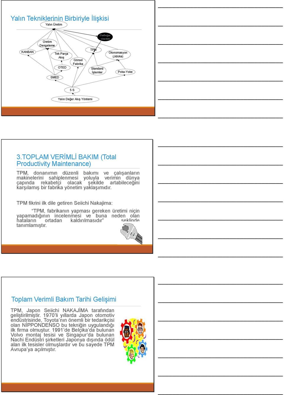 TOPLAM VERİMLİ BAKIM (Total Productivity Maintenance) TPM, donanımın düzenli bakımı ve çalışanların makinelerini sahiplenmesi yoluyla verimin dünya çapında rekabetçi olacak şekilde artabileceğini