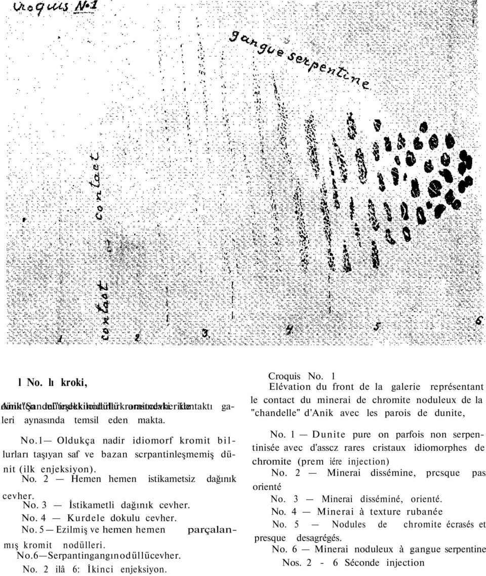 No. 2 ilâ 6: İkinci enjeksiyon. Croquis No. 1 Elévation du front de la galerie représentant le contact du minerai de chromite noduleux de la "chandelle" d'anik avec les parois de dunite, No.