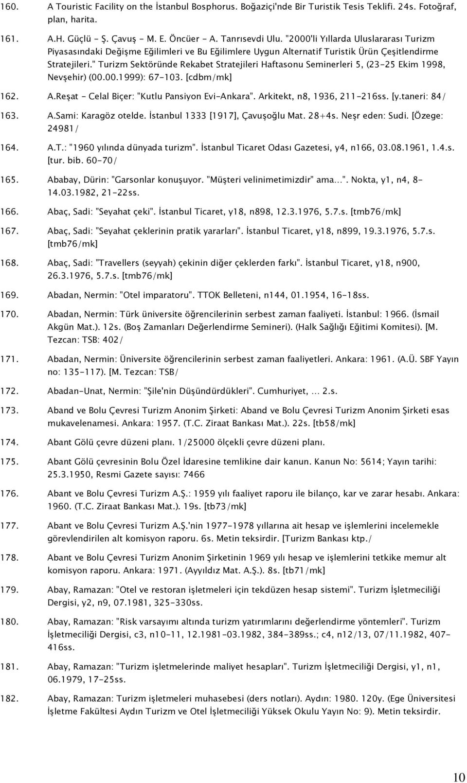 " Turizm Sektöründe Rekabet Stratejileri Haftasonu Seminerleri 5, (23-25 Ekim 1998, Nevşehir) (00.00.1999): 67-103. [cdbm/mk] 162. A.Reşat - Celal Biçer: "Kutlu Pansiyon Evi-Ankara".