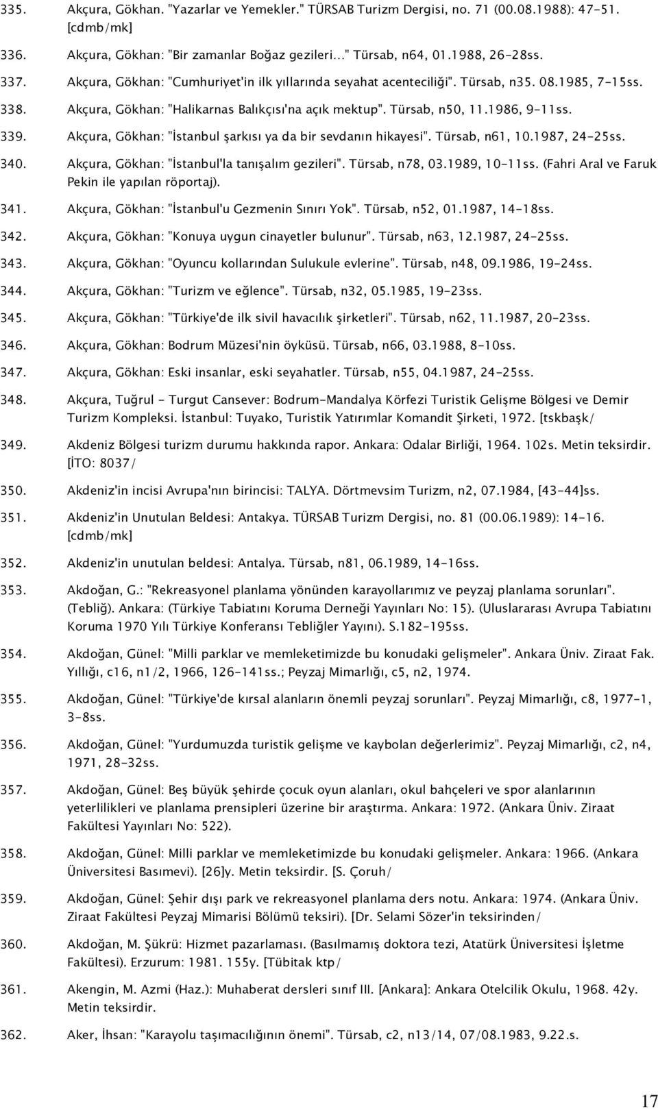 Akçura, Gökhan: "İstanbul şarkısı ya da bir sevdanın hikayesi". Türsab, n61, 10.1987, 24-25ss. 340. Akçura, Gökhan: "İstanbul'la tanışalım gezileri". Türsab, n78, 03.1989, 10-11ss.