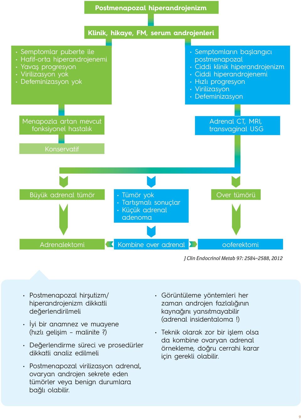 Konservatif Büyük adrenal tümör Tümör yok Tartışmalı sonuçlar Küçük adrenal adenoma Over tümörü Adrenalektomi Kombine over adrenal ooferektomi Postmenapozal hirşutizm/ hiperandrojenizm dikkatli