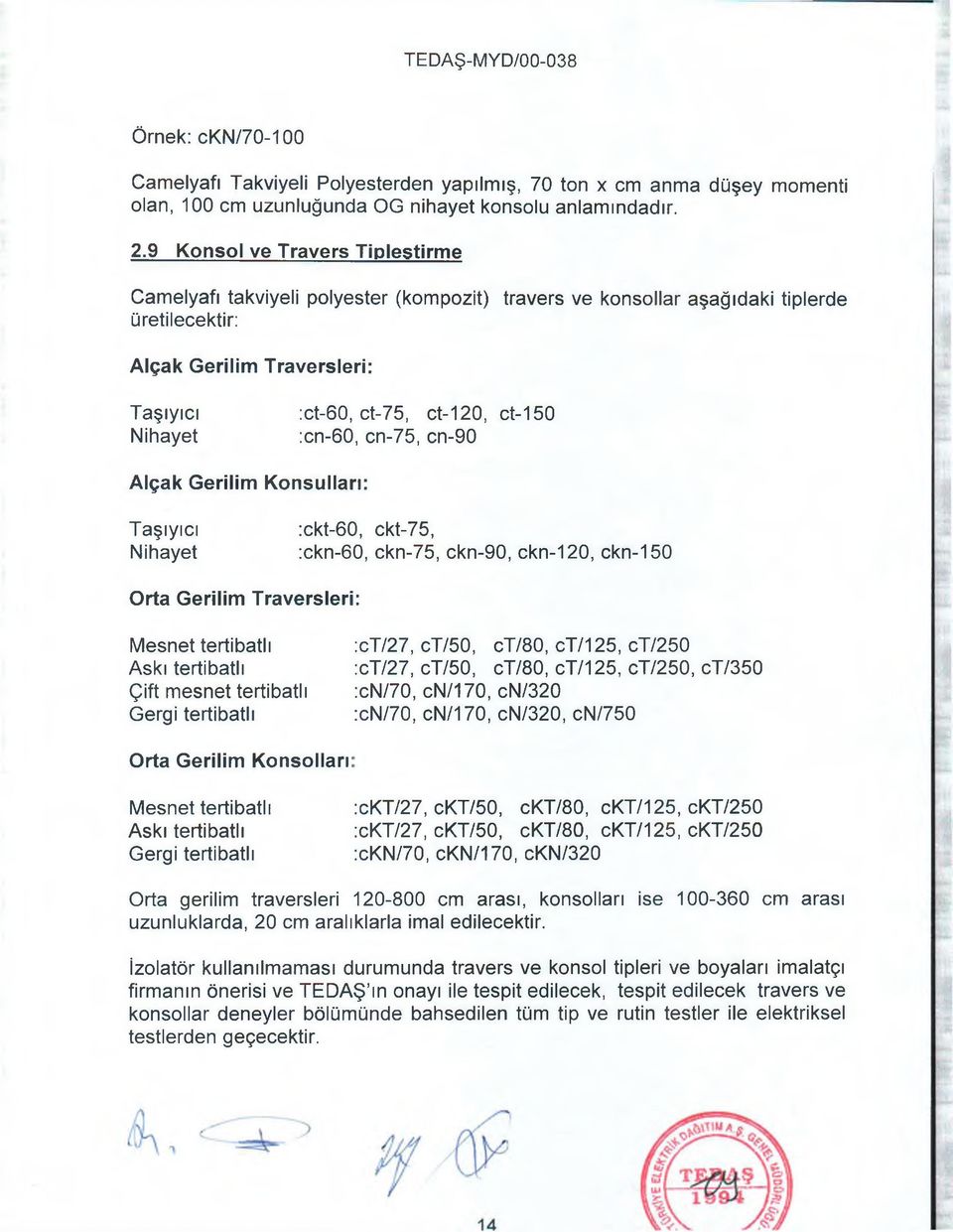 ct-150 :cn-60, cn-75, cn-90 Alçak Gerilim Konsulları: Taşıyıcı :ckt-60, ckt-75, Nihayet :ckn-60, ckn-75, ckn-90, ckn-120, ckn-150 Orta Gerilim Traversleri: Mesnet tertibatlı Askı tertibatlı Çift