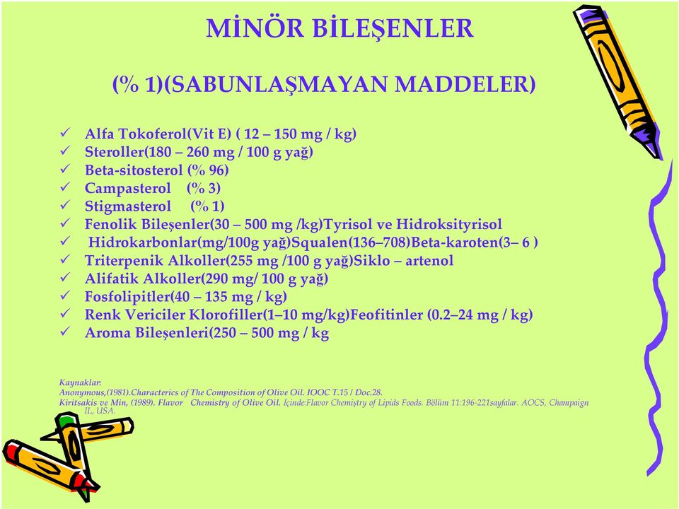 mg/ 100 g yağ) Fosfolipitler(40 135 mg / kg) Renk Vericiler Klorofiller(1 10 mg/kg)feofitinler(0.2 24 mg / kg) Aroma Bileşenleri(250 500 mg / kg Kaynaklar: Anonymous,(1981).