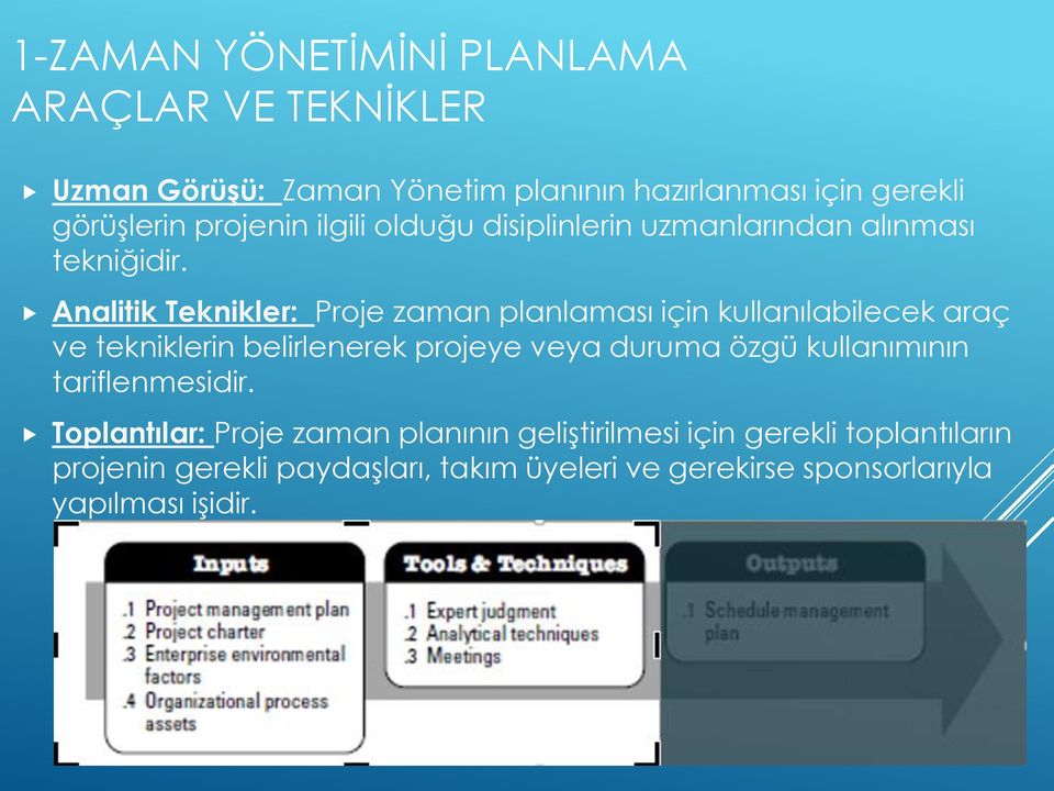 Analitik Teknikler: Proje zaman planlaması için kullanılabilecek araç ve tekniklerin belirlenerek projeye veya duruma özgü