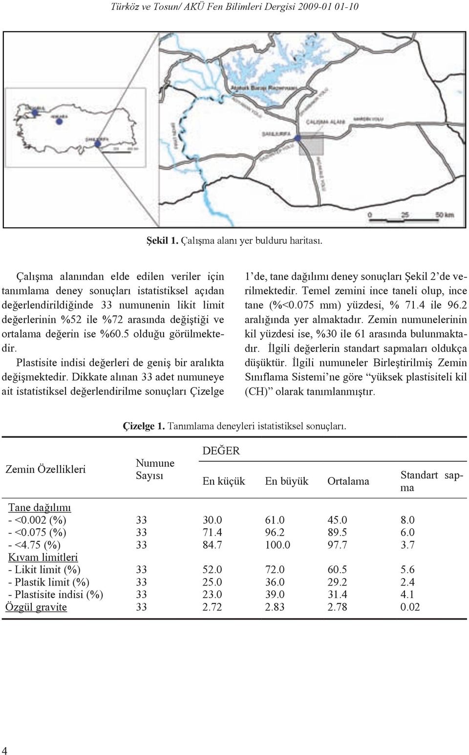 ise %60.5 olduğu görülmektedir. Plastisite indisi değerleri de geniş bir aralıkta değişmektedir.