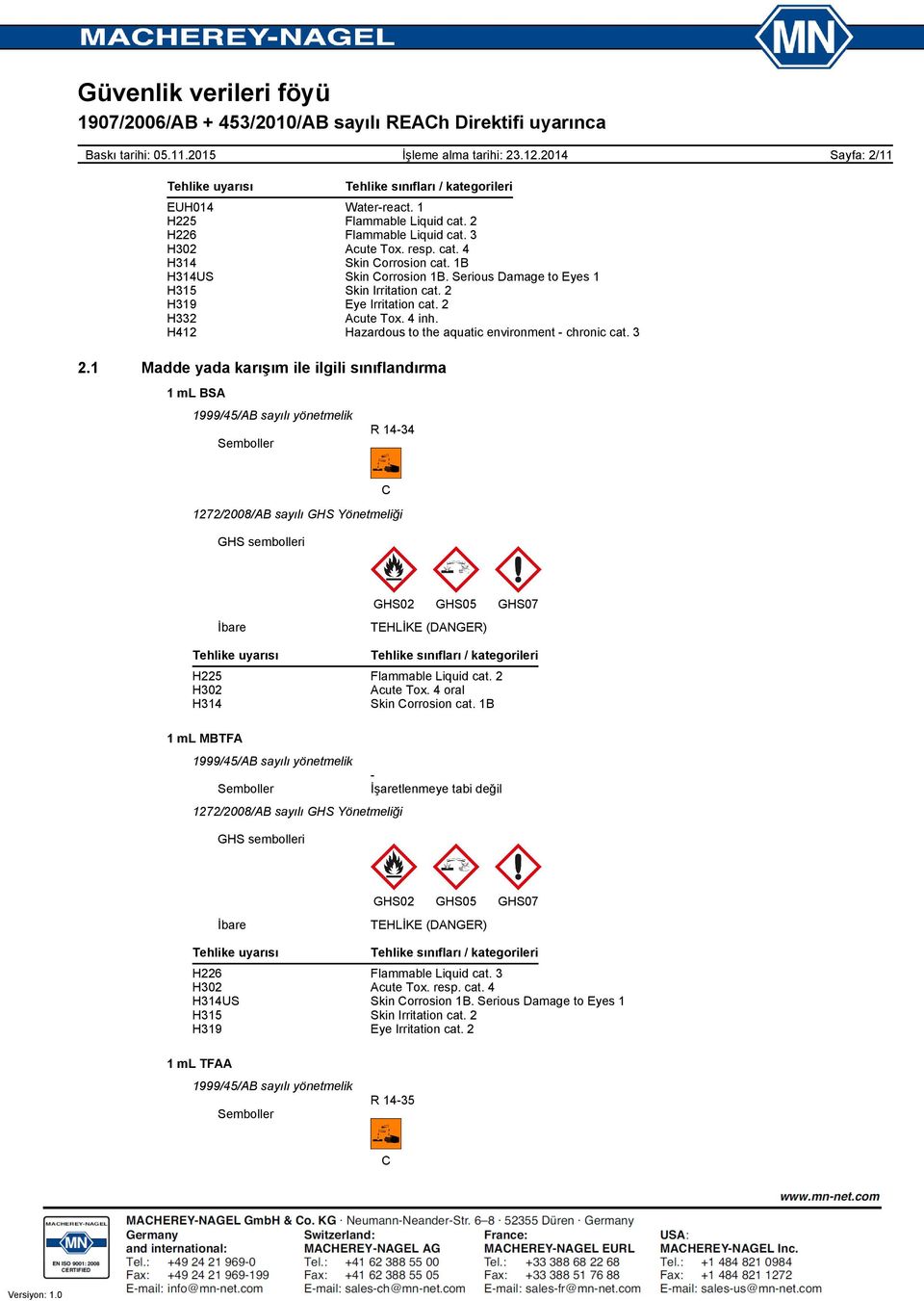 1 Madde yada karışım ile ilgili sınıflandırma Semboller R 1434 GHS sembolleri C GHS02 GHS05 GHS07 İbare TEHLİKE (DANGER) Tehlike uyarısı Tehlike sınıfları / kategorileri H225 Flammable Liquid cat.