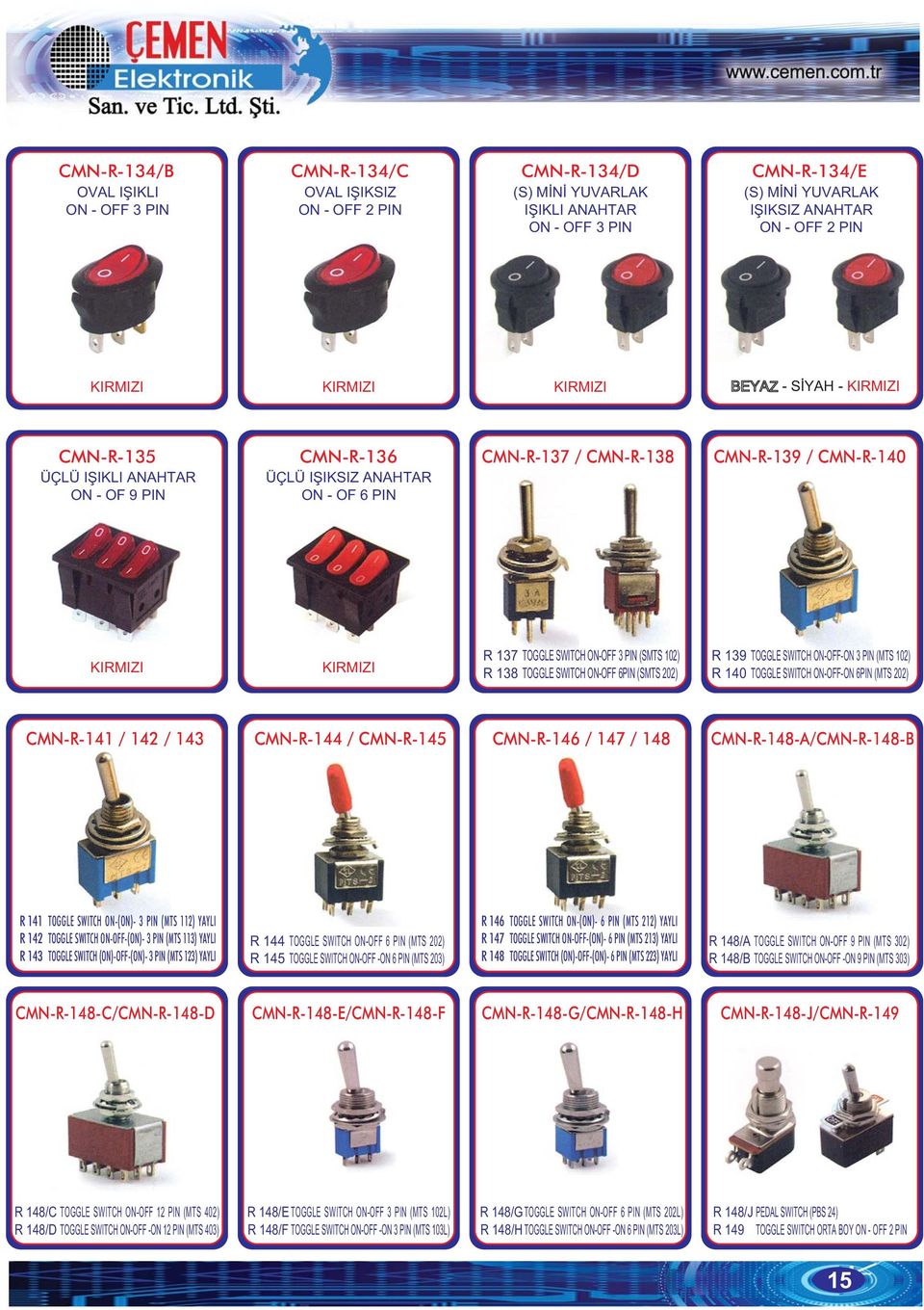 TOGGLE SWITCH ON-OFF 3 PIN (SMTS 102) R 138 TOGGLE SWITCH ON-OFF 6PIN (SMTS 202) R 139 TOGGLE SWITCH ON-OFF-ON 3 PIN (MTS 102) R 140 TOGGLE SWITCH ON-OFF-ON 6PIN (MTS 202) CMN-R-141 / 142 / 143