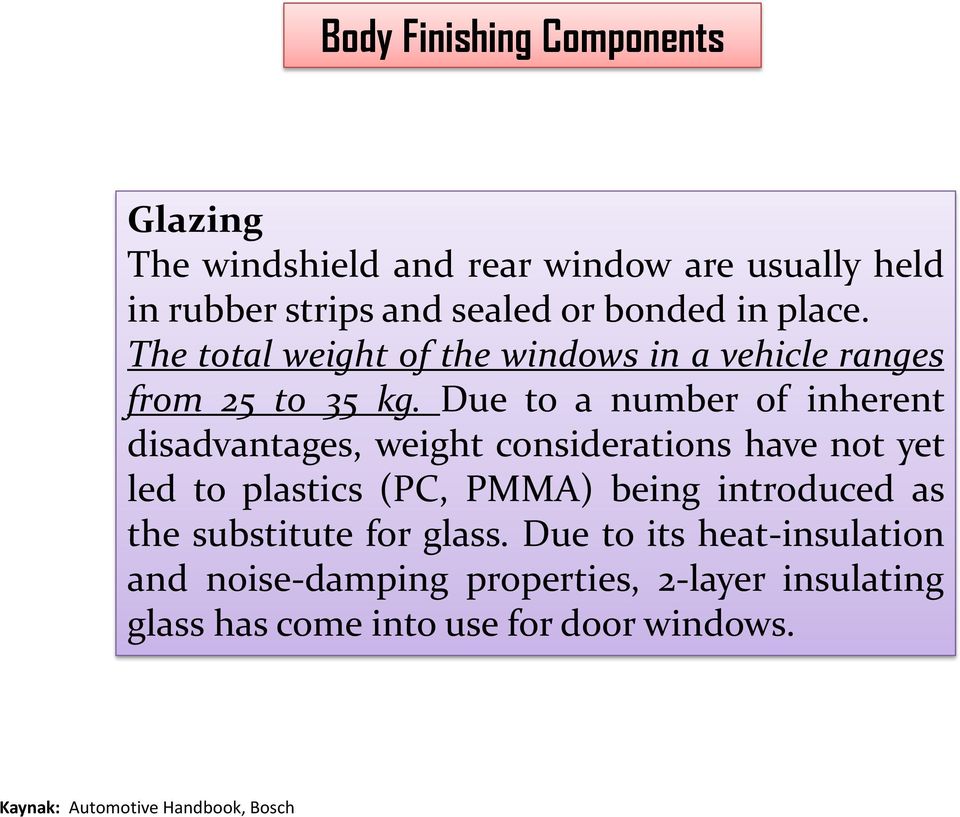 Due to a number of inherent disadvantages, weight considerations have not yet led to plastics (PC, PMMA) being introduced as