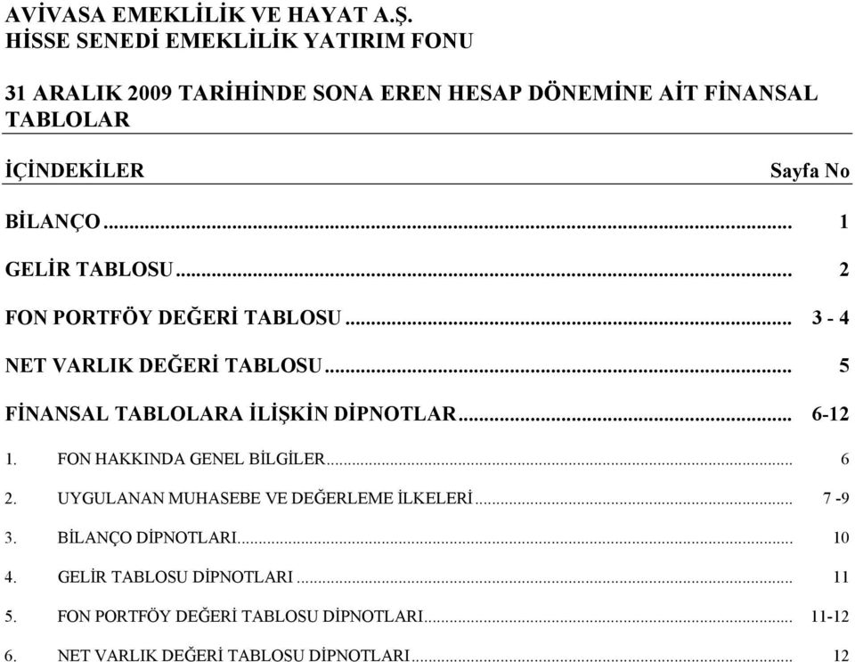 FON HAKKINDA GENEL BİLGİLER... 6 2. UYGULANAN MUHASEBE VE DEĞERLEME İLKELERİ... 7-9 3. BİLANÇO DİPNOTLARI... 10 4.