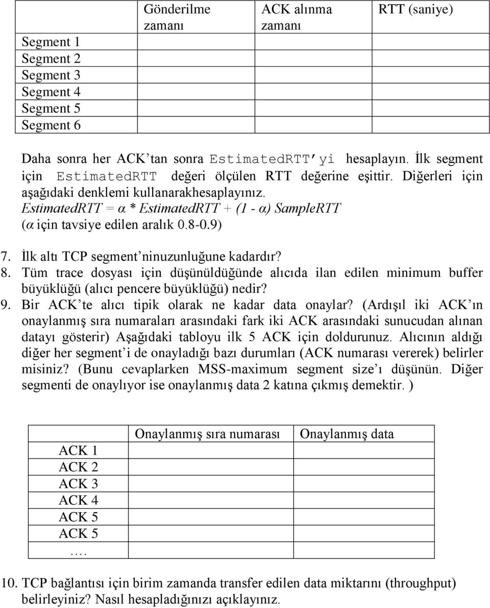 EstimatedRTT = α * EstimatedRTT + (1 - α) SampleRTT (α için tavsiye edilen aralık 0.8-0.9) 7. İlk altı TCP segment ninuzunluğune kadardır? 8.