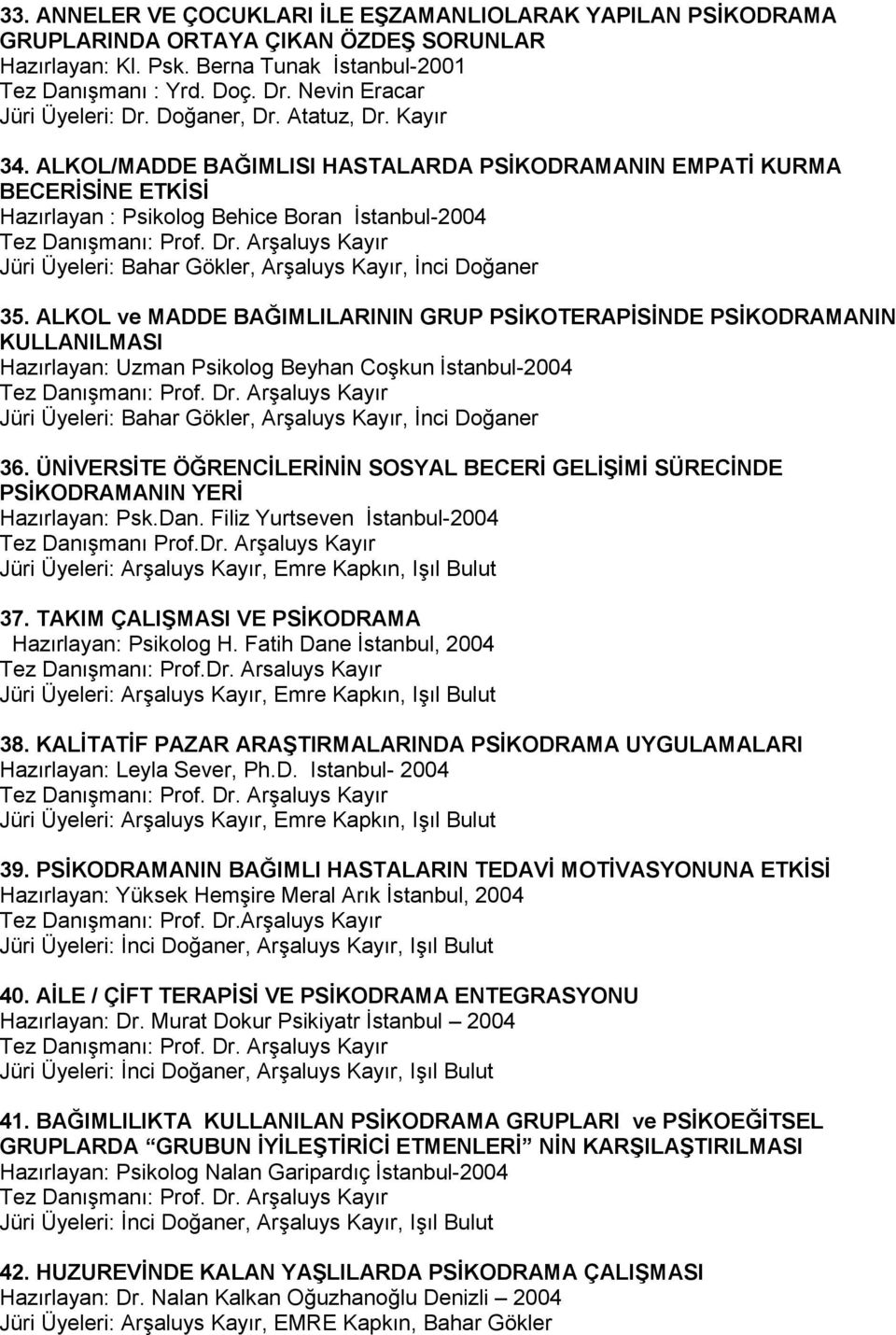 ALKOL ve MADDE BAĞIMLILARININ GRUP PSİKOTERAPİSİNDE PSİKODRAMANIN KULLANILMASI Hazırlayan: Uzman Psikolog Beyhan Coşkun İstanbul-2004 Jüri Üyeleri: Bahar Gökler, Arşaluys Kayır, İnci Doğaner 36.