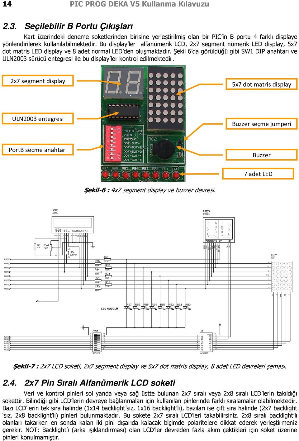 Bu display ler alfanümerik LCD, 2x7 segment nümerik LED display, 5x7 dot matris LED display ve 8 adet normal LED den oluşmaktadır.