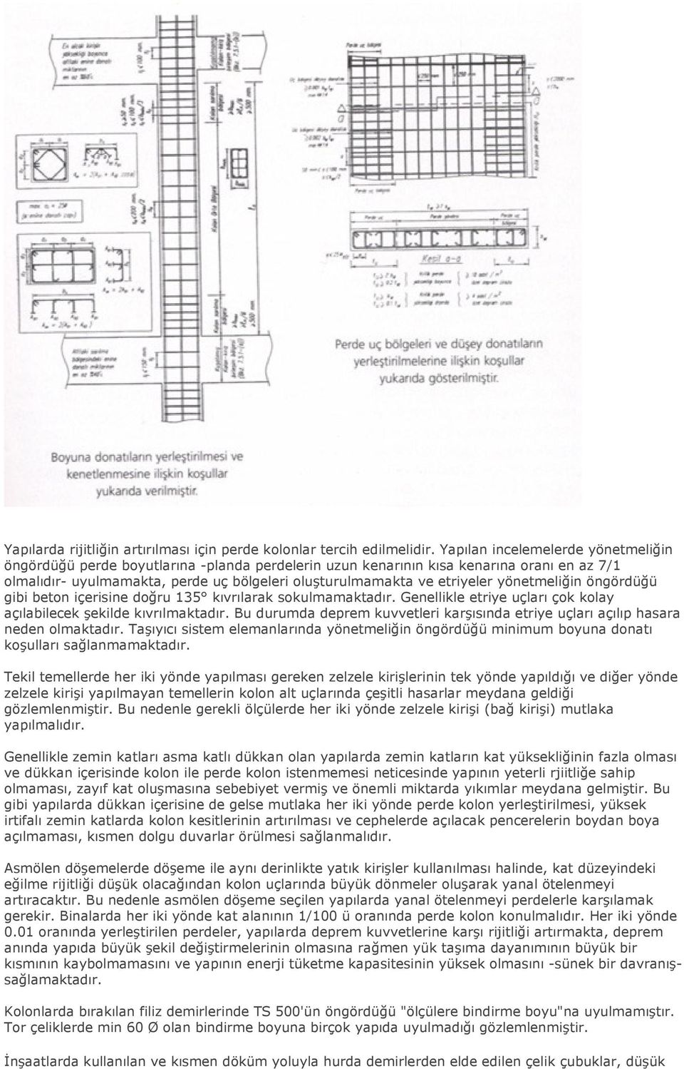 yönetmeliğin öngördüğü gibi beton içerisine doğru 135 kıvrılarak sokulmamaktadır. Genellikle etriye uçları çok kolay açılabilecek şekilde kıvrılmaktadır.